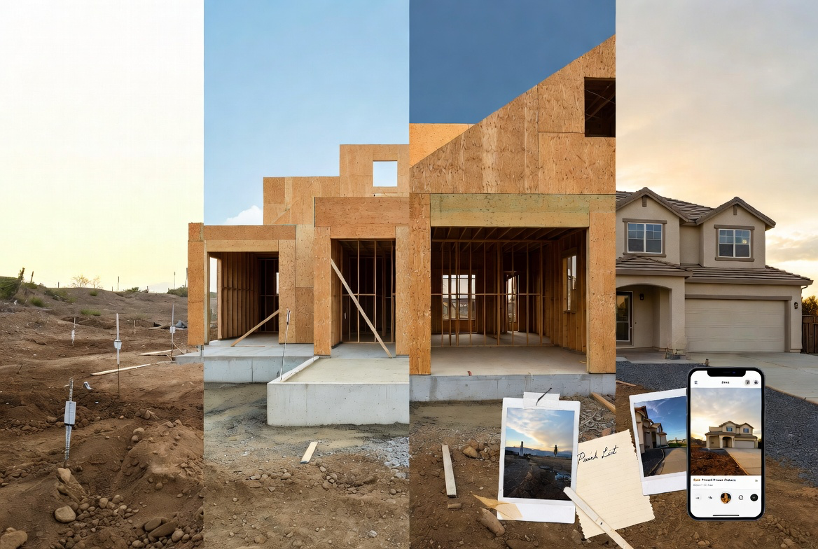 A home progressing from an empty lot through framing to completion