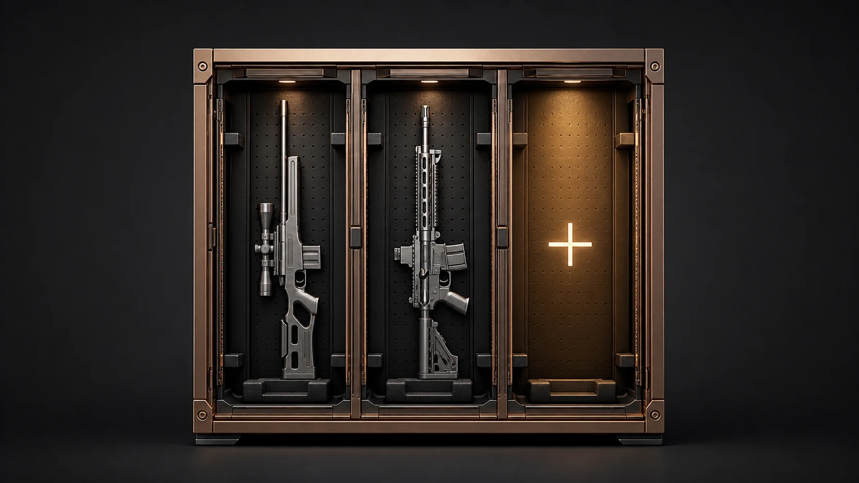 Secure three-bay firearm storage cabinet with room for one more firearm